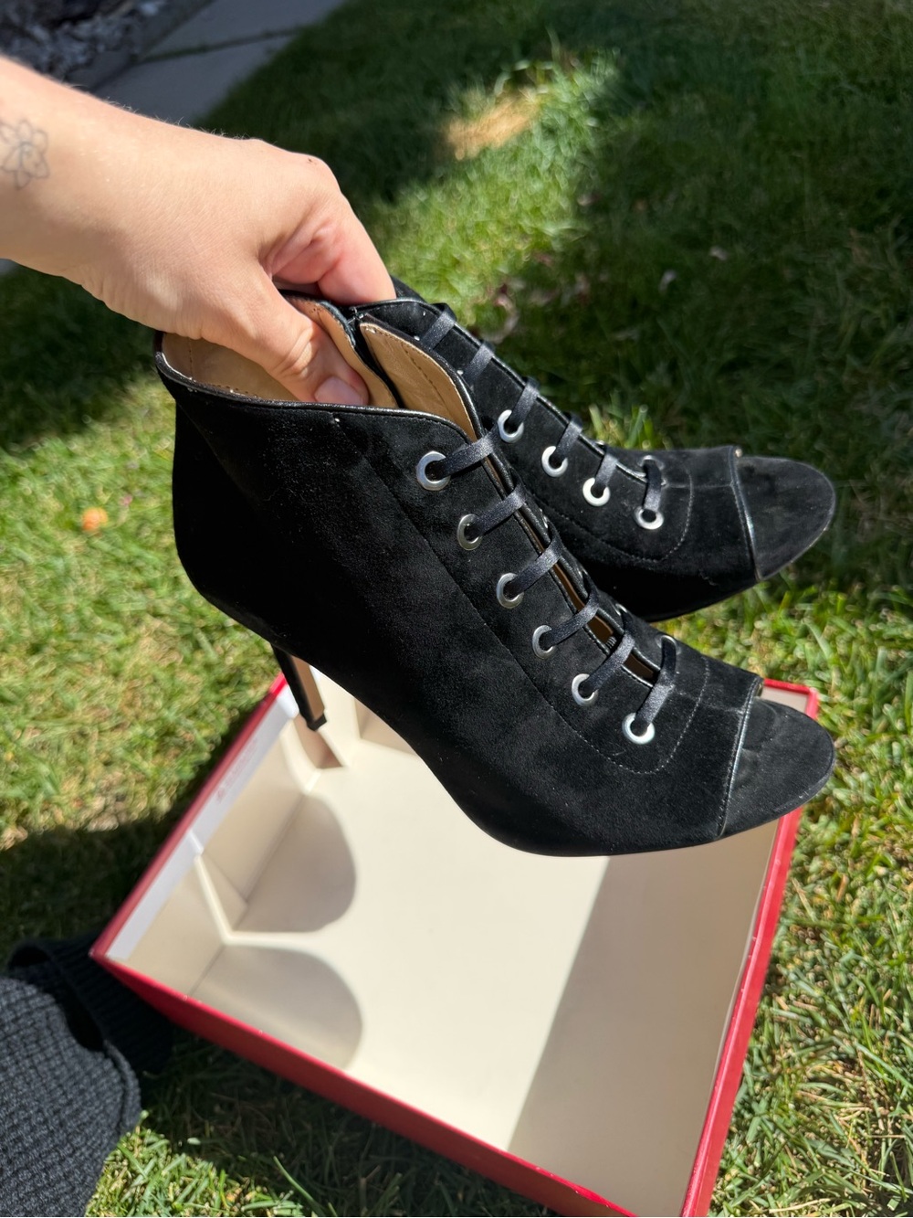 Enzo Angiolini Black Suede Lace-Up Peep-Toe Ankle Heels